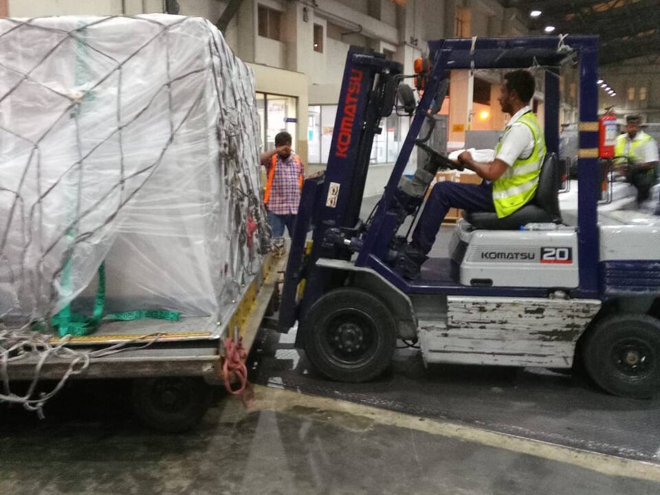 A forklift positioned against a netted cargo pallet on a dolly